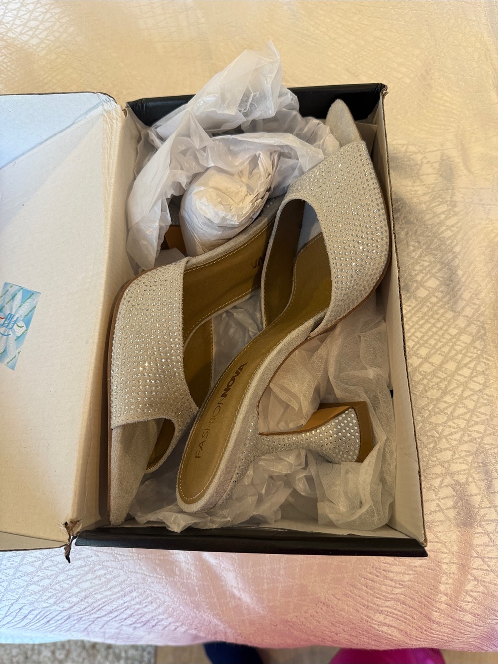 Fashion Nova Ivory Crystal D'Orsay Block Heels